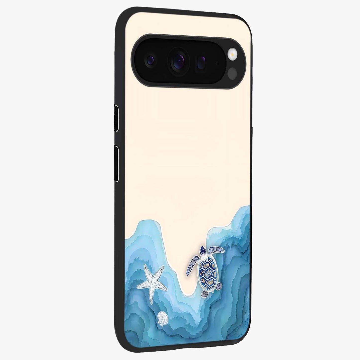 Ocean Drift Turtle Glass Case upright view showcasing calm underwater turtle artwork with nature inspired theme.