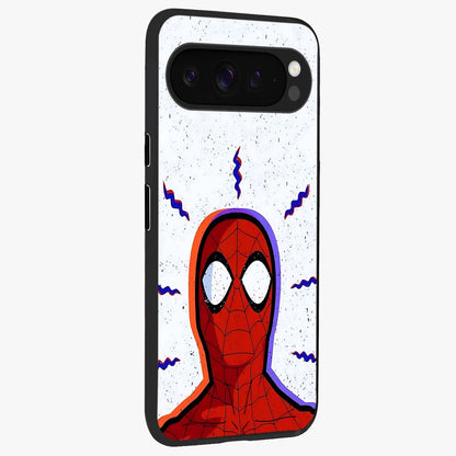 Omg Spiderman Glass Case upright view showcasing energetic superhero artwork with vibrant comic theme.