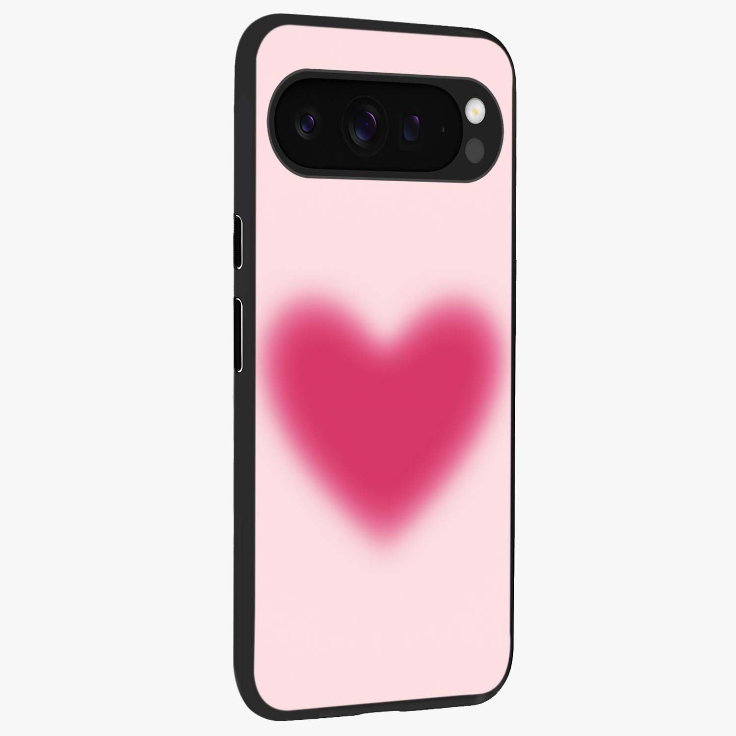 Pink Aura Heart Glass Case upright view showcasing romantic heart artwork with soft pastel theme.
