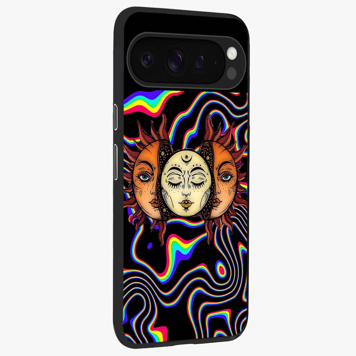 Psychedelic Sun Glass Case upright view showcasing trippy sun artwork with bold psychedelic theme.