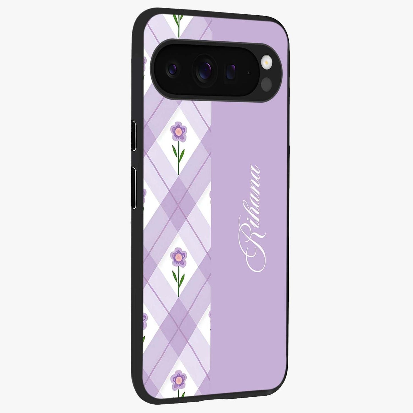 Purple Diamond Floral Glass Case upright view showcasing vibrant floral artwork with stylish geometric theme.