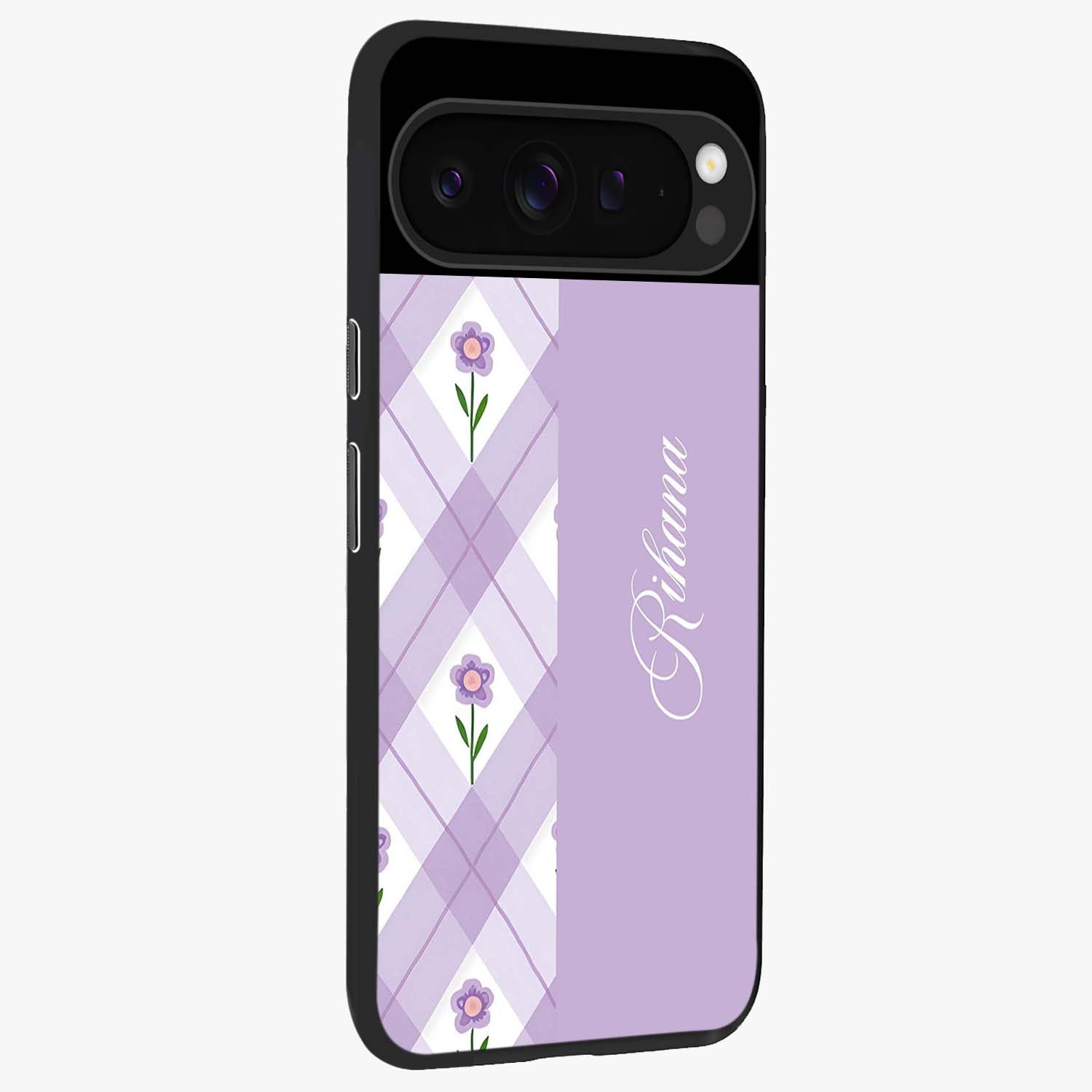 Purple Diamond Floral Glass Case upright view showcasing vibrant floral artwork with stylish geometric theme.