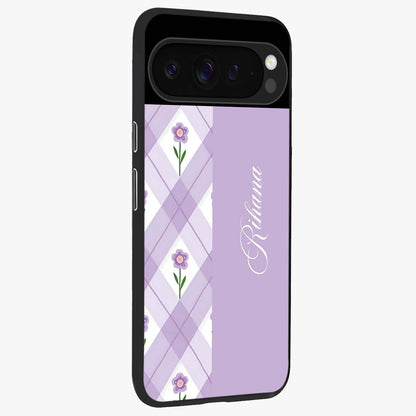 Purple Diamond Floral Glass Case upright view showcasing vibrant floral artwork with stylish geometric theme.