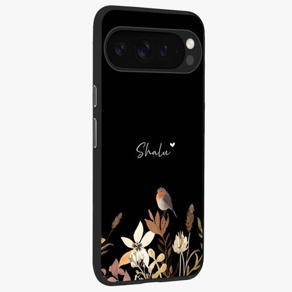 Quiet Garden Tune Custom Name Glass Case upright view showcasing serene botanical artwork with personalized aesthetic.