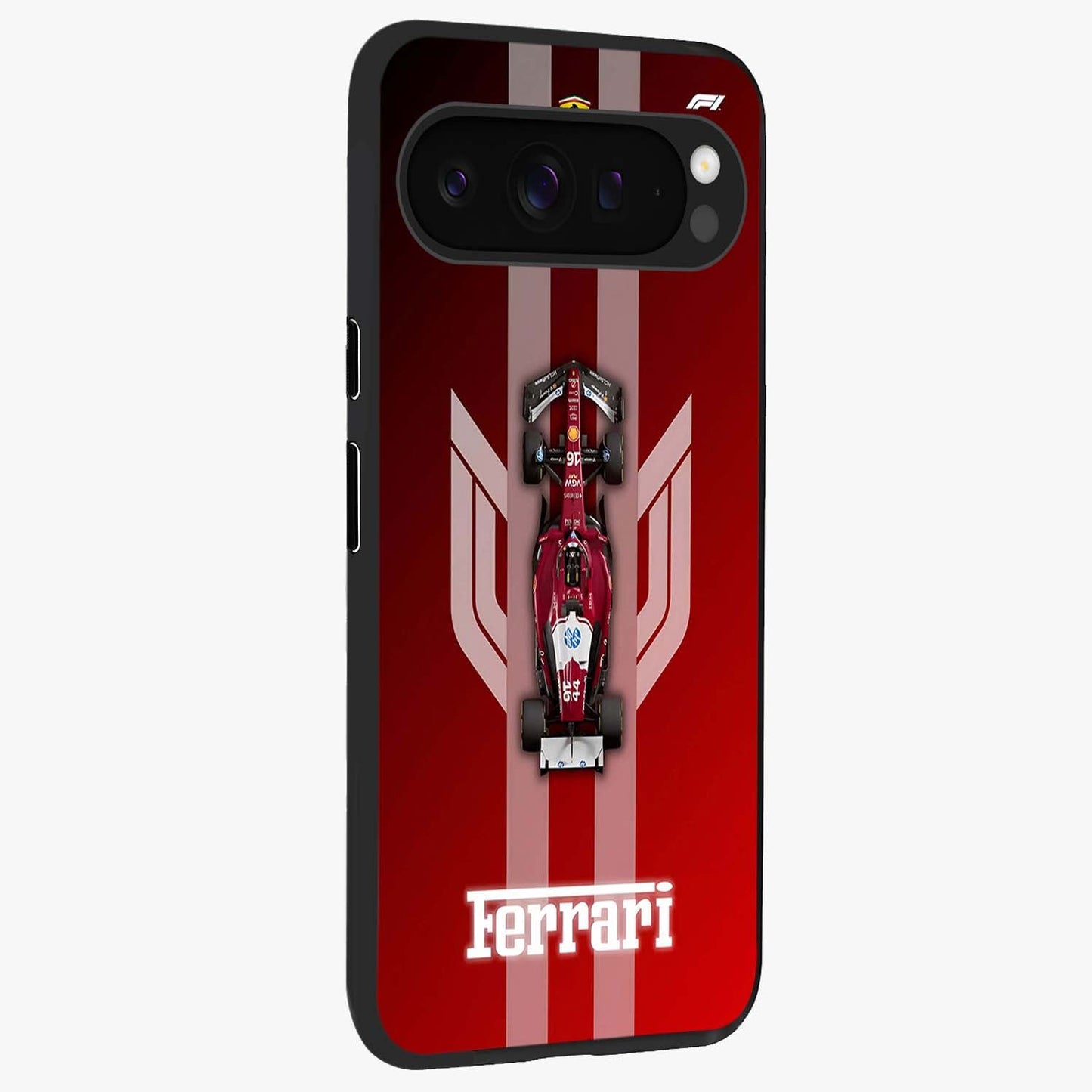 Red Ferrari F1 Vertical Glass Case upright view showcasing powerful Formula car artwork with dynamic motorsport theme.