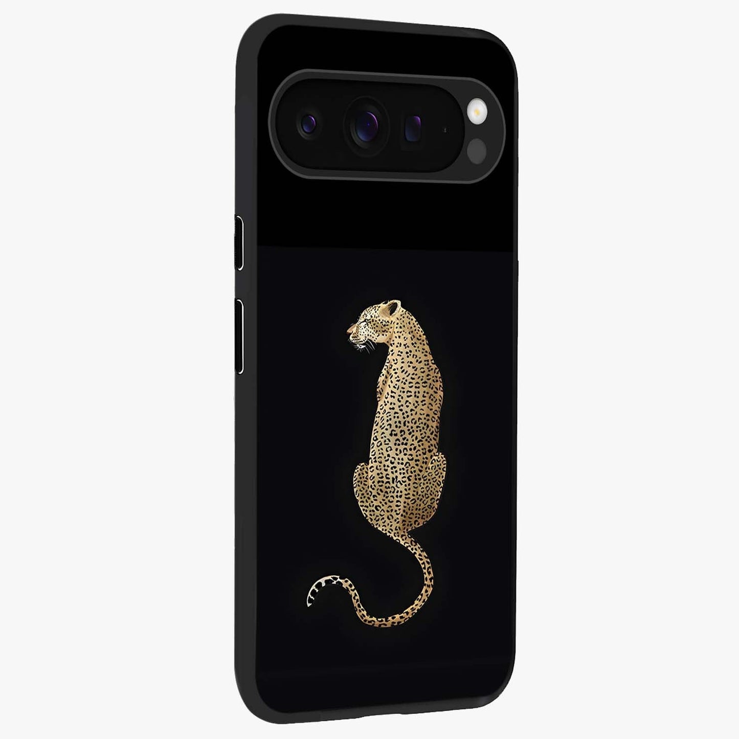 Regal Leopard Glass Case upright view showcasing striking leopard artwork with fierce wildlife theme.