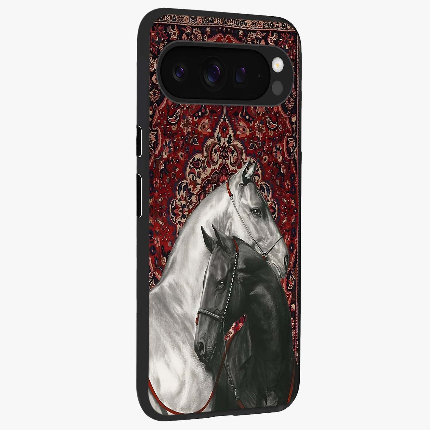 Regal Stallion Tapestry Glass Case upright view showcasing powerful horse artwork with elegant tapestry theme.