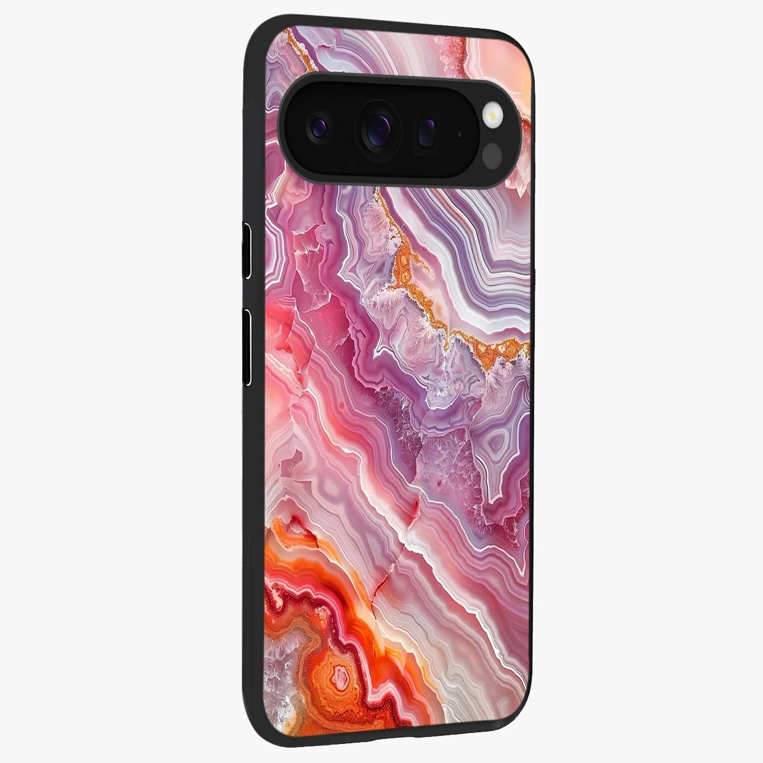 Rose Quartz Marble Glass Case upright view showcasing decorative marble artwork with luxurious pastel theme.