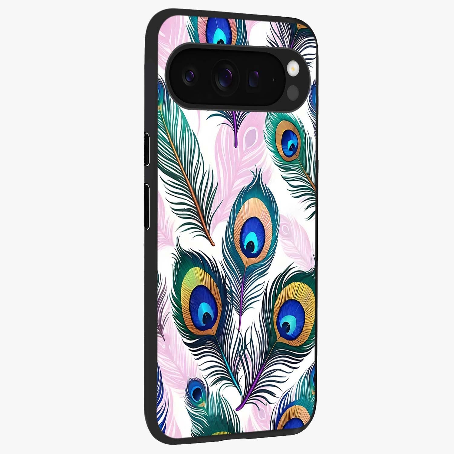 Royal Peacock Feathers Glass Case upright view showcasing elegant peacock feather artwork with decorative royal theme.