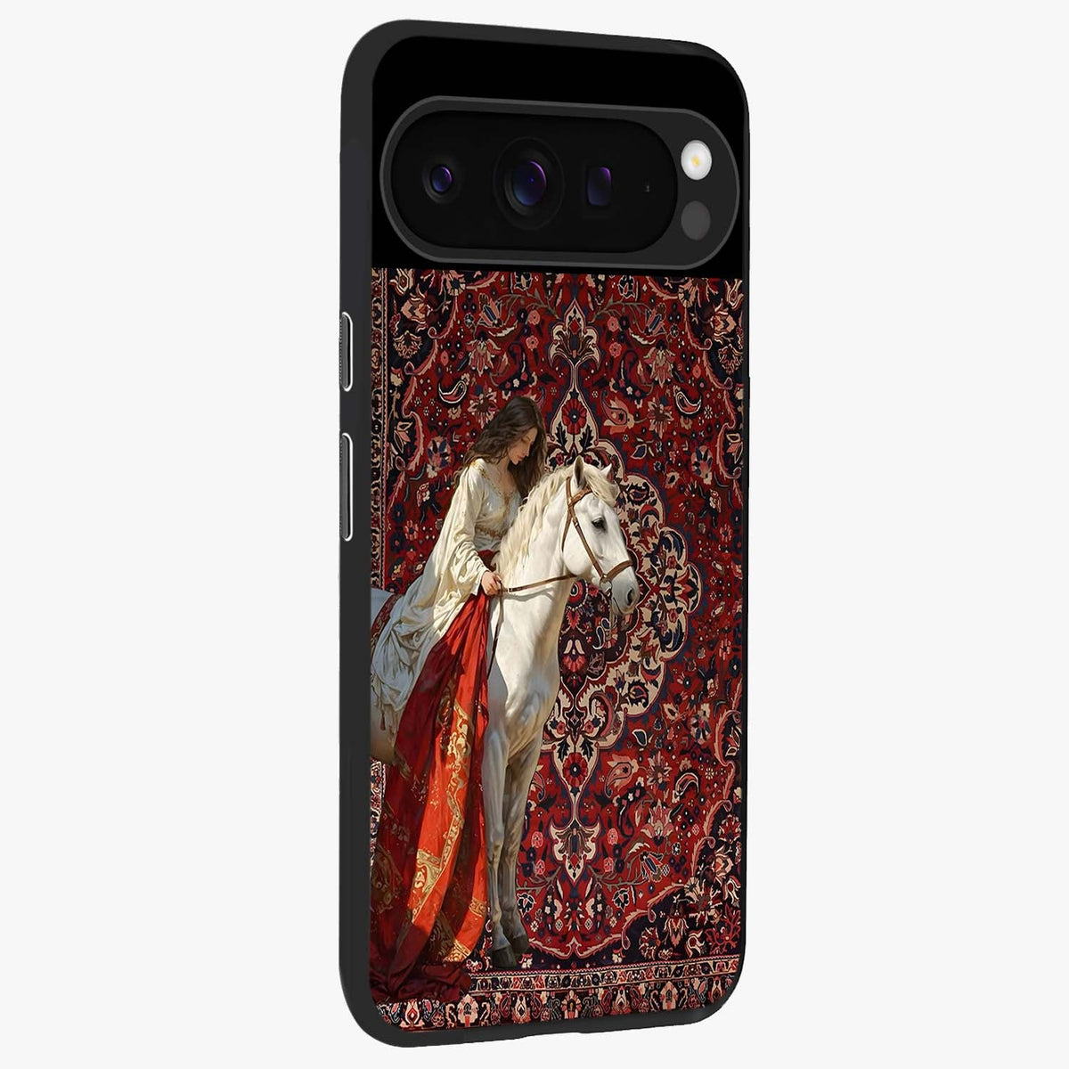 Royal Rider Tapestry Glass Case upright view showcasing detailed rider artwork with classic tapestry theme.
