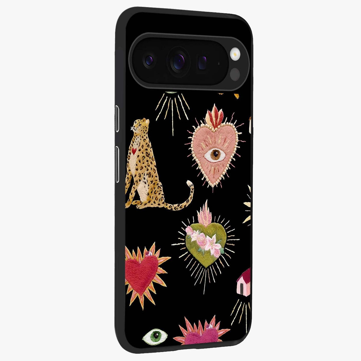 Sacred Jungle Heart Glass Case upright view showcasing vibrant jungle artwork with symbolic heart theme.
