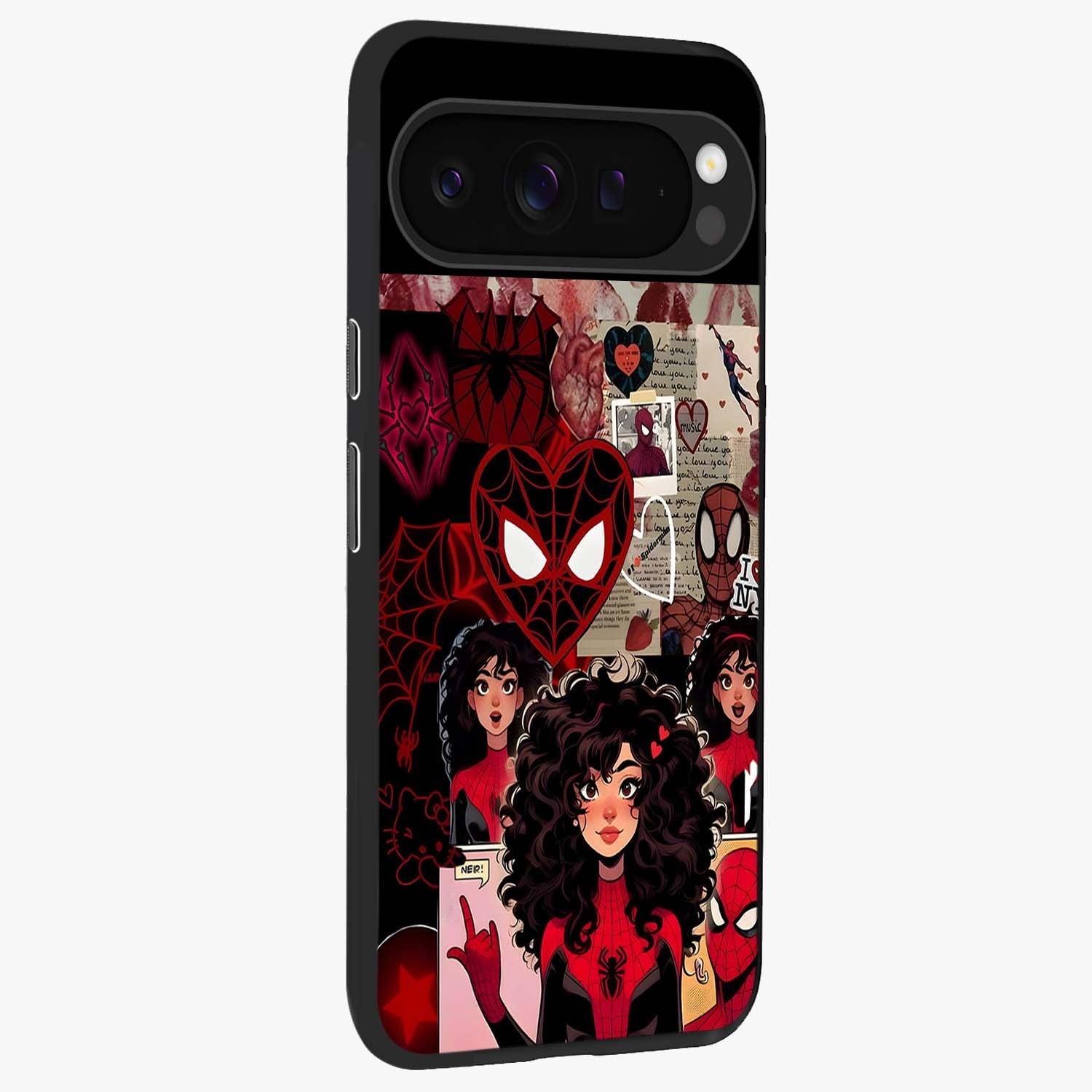 Spider Love Story Glass Case upright view showcasing charming superhero artwork with romantic comic theme.