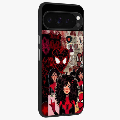 Spider Love Story Glass Case upright view showcasing charming superhero artwork with romantic comic theme.