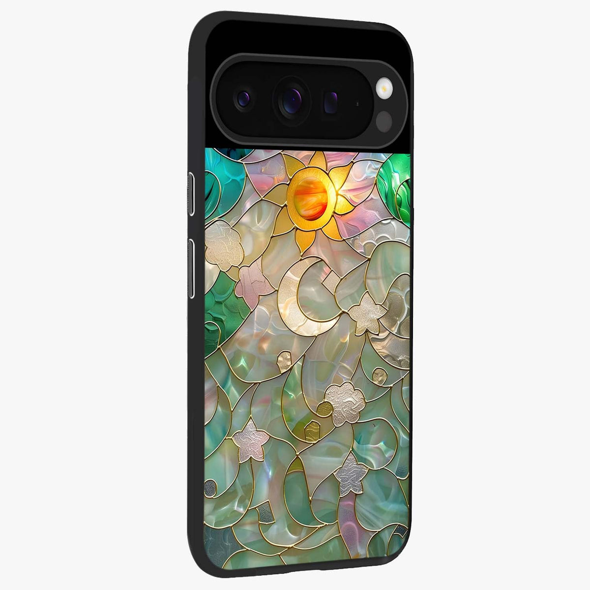 Stained Sunrise Glow Glass Case upright view showcasing colorful sunrise artwork with warm morning theme.