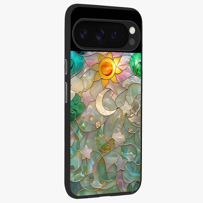Stained Sunrise Glow Glass Case upright view showcasing colorful sunrise artwork with warm morning theme.