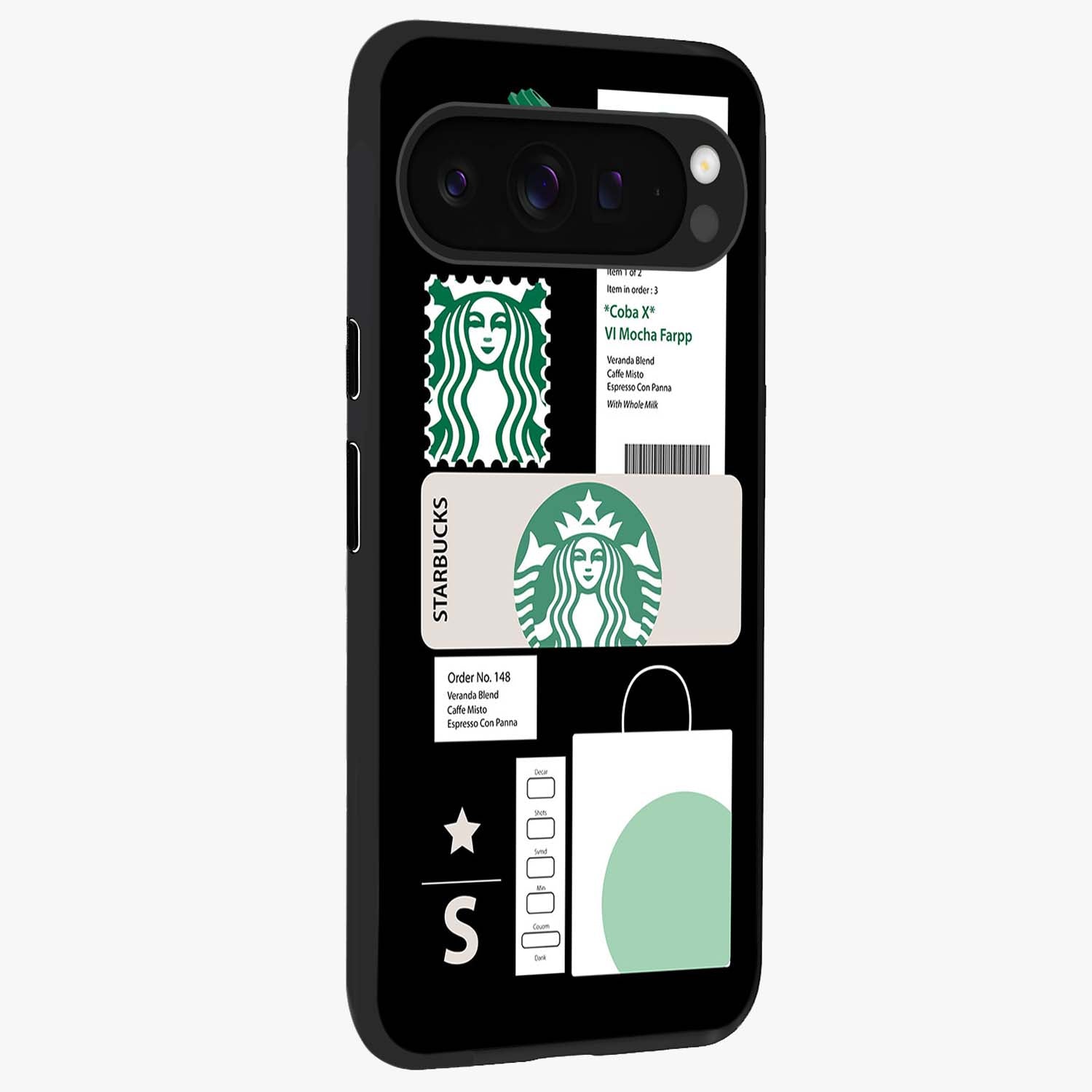 Starbucks Mocha Glass Case upright view showcasing trendy coffee inspired artwork with modern lifestyle theme.