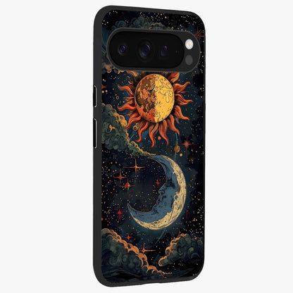 Sun And Moon Magic Design Glass Case upright view showcasing decorative sun and moon artwork with spiritual celestial theme.