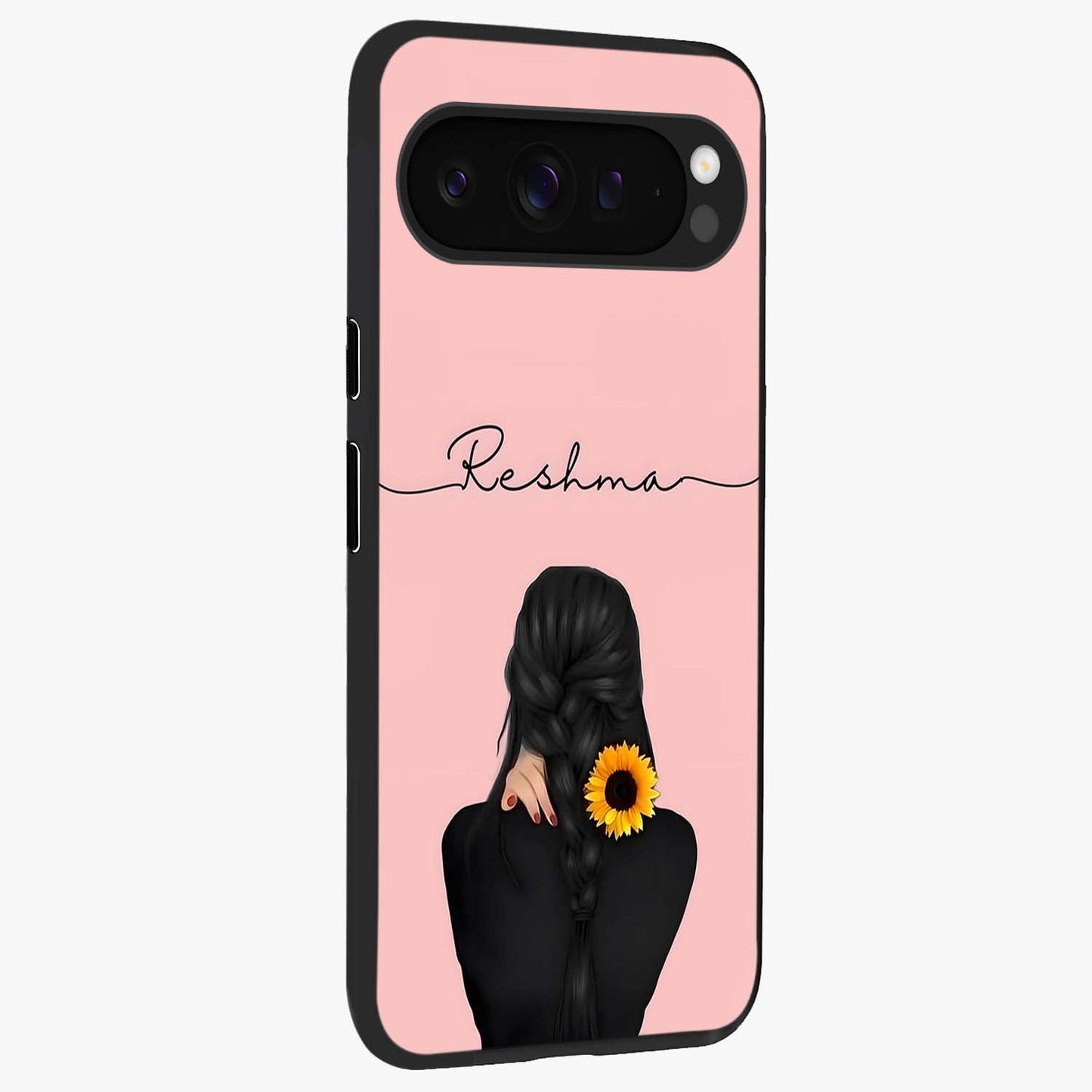 Sunflower Braid Beauty With Custom Name Glass Case upright view showcasing bright sunflower artwork with personalized floral aesthetic.