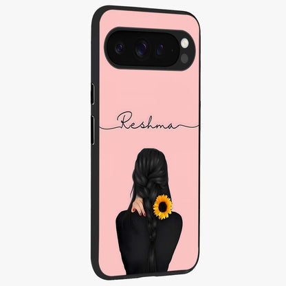Sunflower Braid Beauty With Custom Name Glass Case upright view showcasing bright sunflower artwork with personalized floral aesthetic.