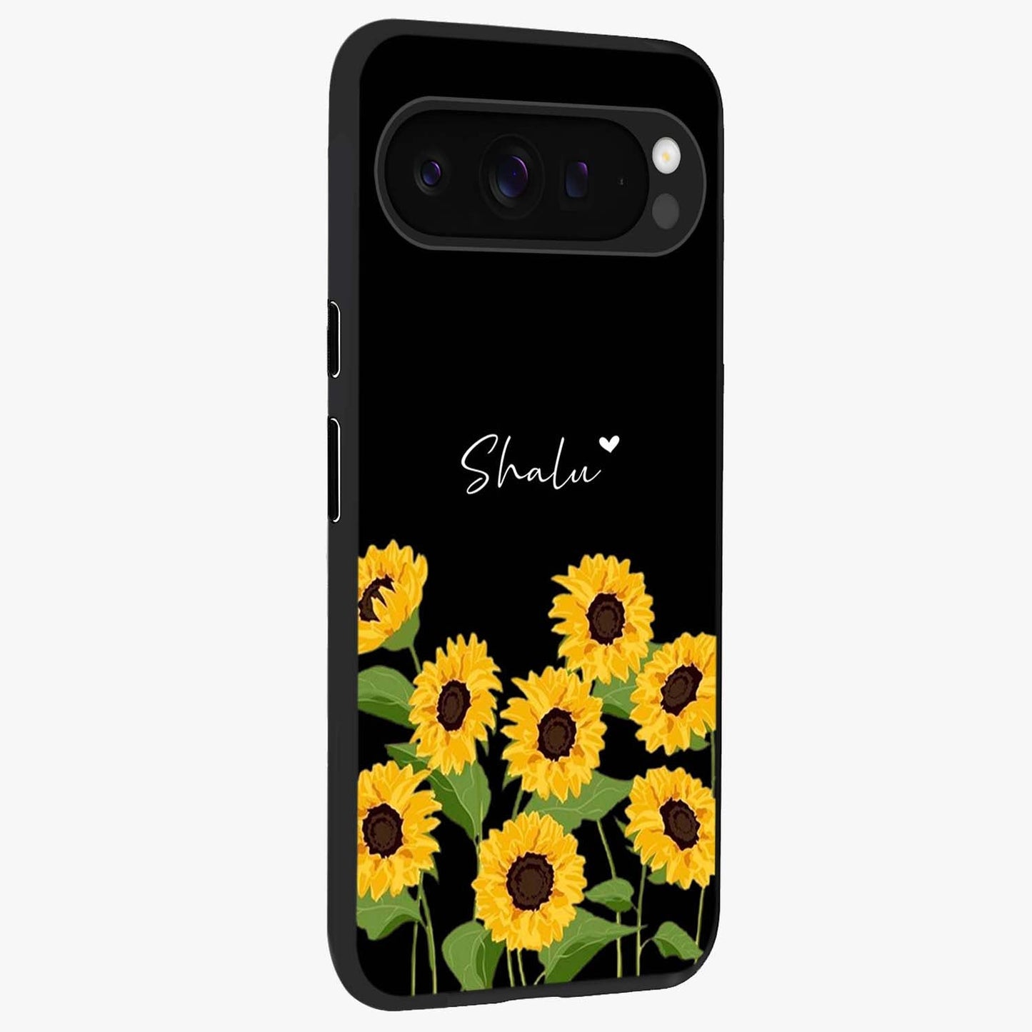 Sunflower Chic Mood Custom Name Glass Case upright view showcasing cheerful sunflower artwork with trendy floral theme.
