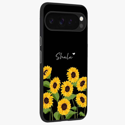 Sunflower Chic Mood Custom Name Glass Case upright view showcasing cheerful sunflower artwork with trendy floral theme.