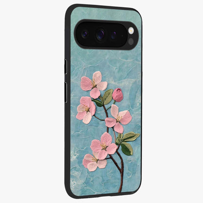 Threaded Blossom Breeze Glass Case upright view showcasing graceful flower artwork with calm botanical theme.
