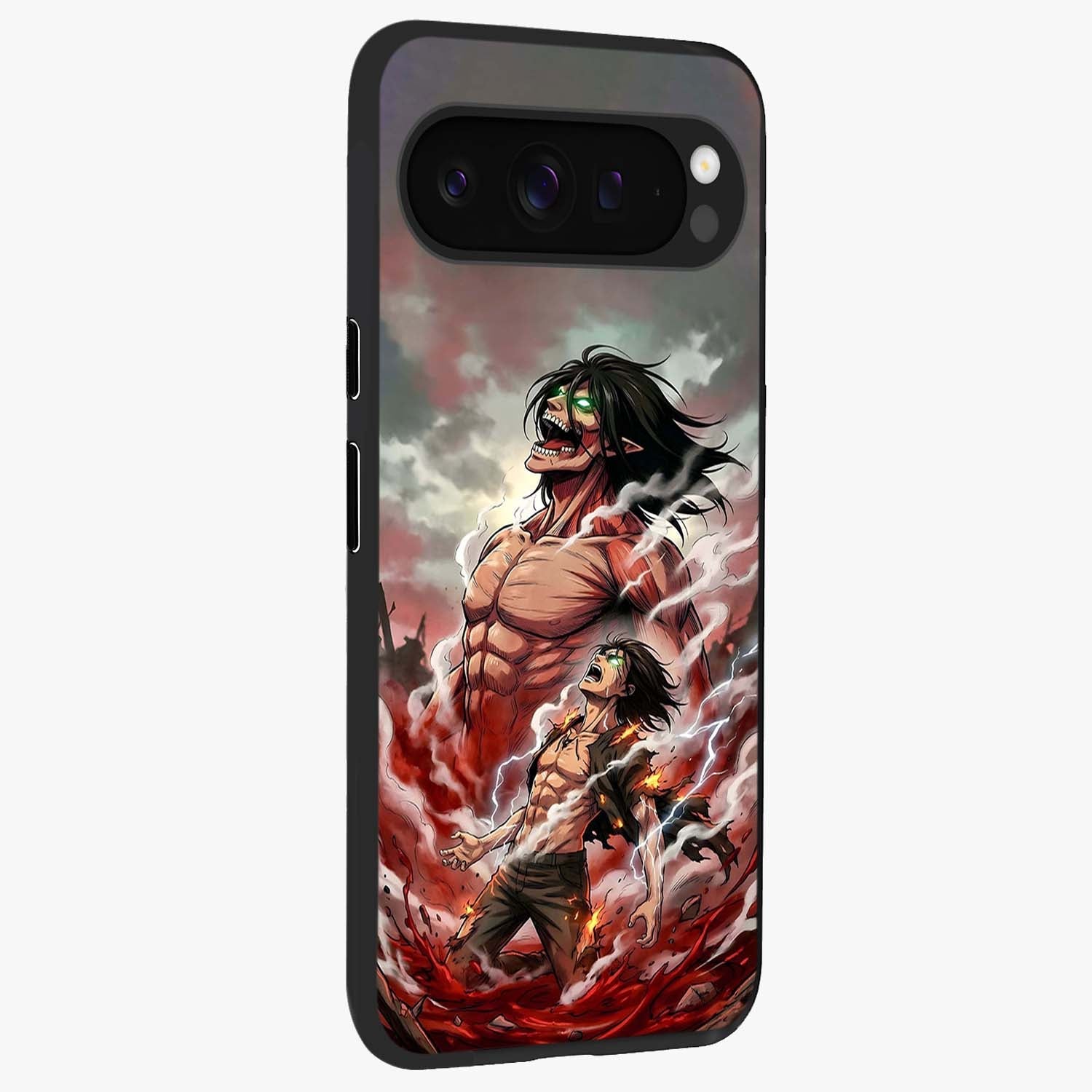 Titan Awakening Fury Glass Case upright view showcasing intense titan artwork with epic fantasy theme.