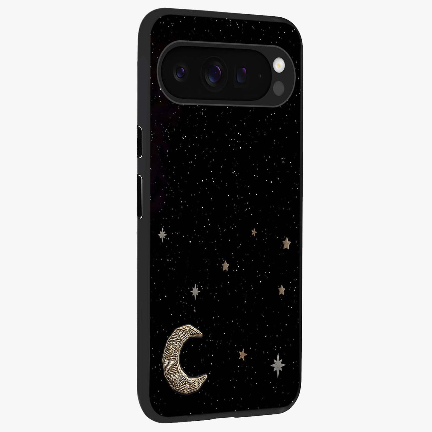 Twinkle Star With Half Moon Glass Case upright view showcasing glowing cosmic artwork with dreamy night theme.