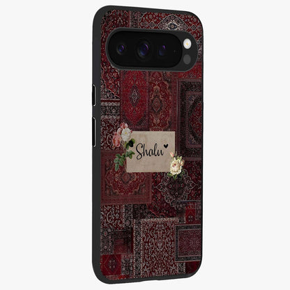 Velvet Wine Pattern Custom Name Glass Case upright view showcasing luxurious wine toned artwork with personalized aesthetic.
