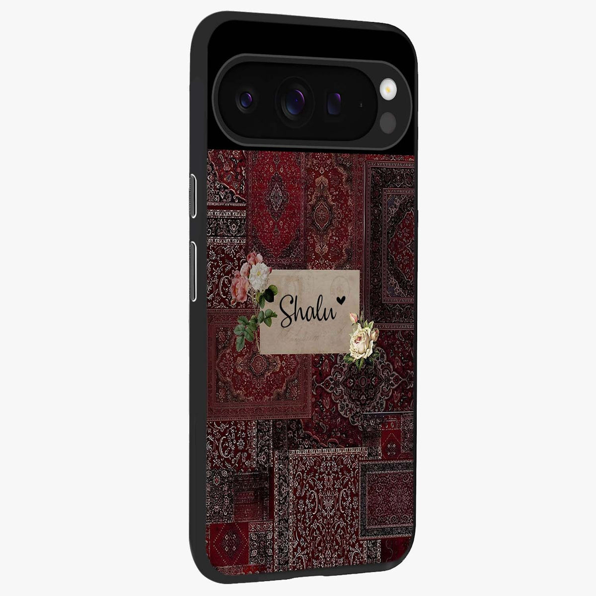 Velvet Wine Pattern Custom Name Glass Case upright view showcasing luxurious wine toned artwork with personalized aesthetic.