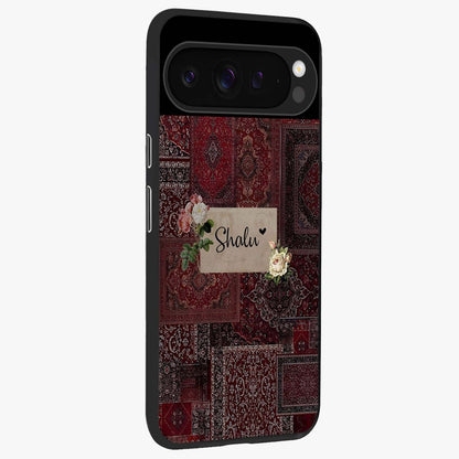 Velvet Wine Pattern Custom Name Glass Case upright view showcasing luxurious wine toned artwork with personalized aesthetic.