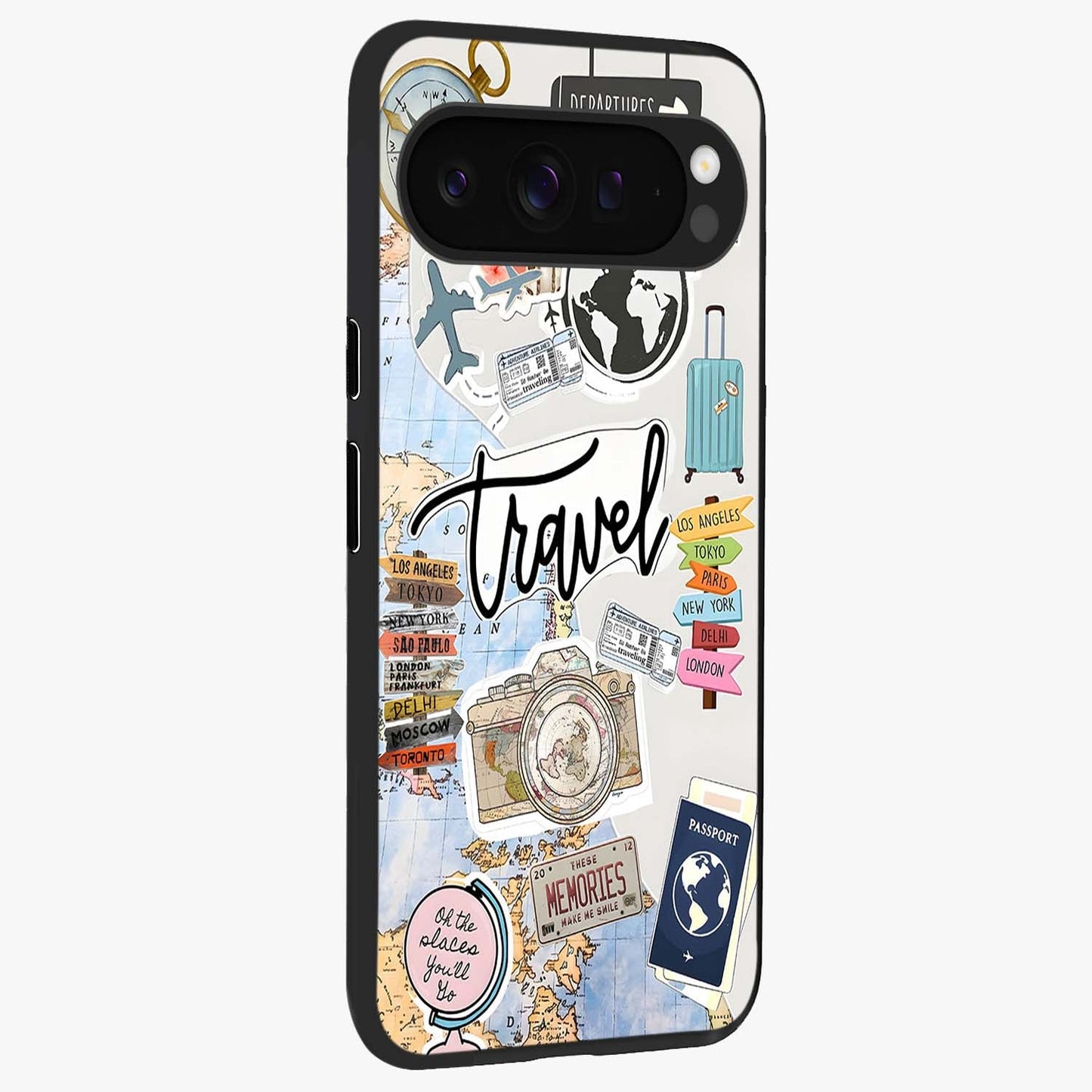 Wanderlust Journal Glass Case upright view showcasing wanderlust inspired artwork with creative exploration theme.