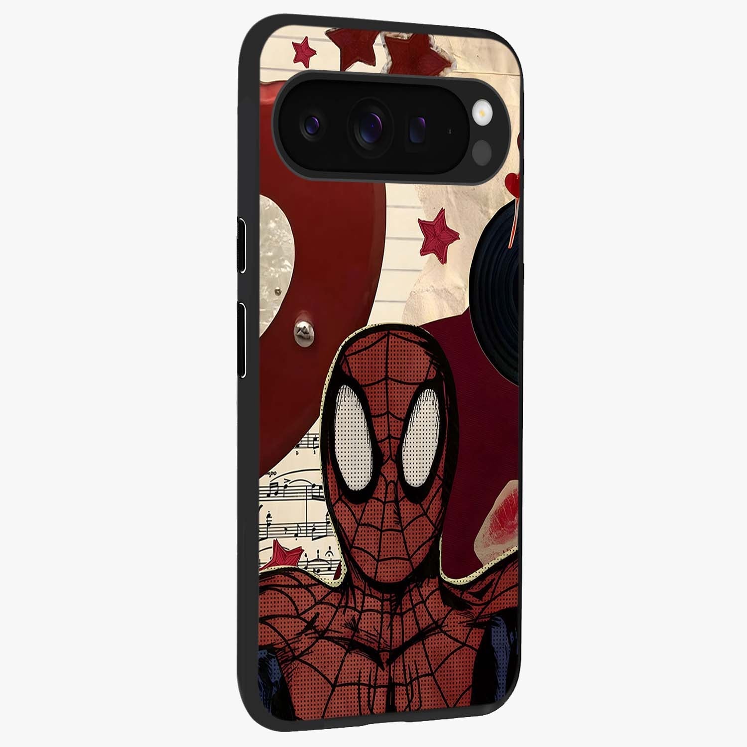 Web Warrior Vibes Glass Case upright view showcasing energetic superhero artwork with bold action theme.