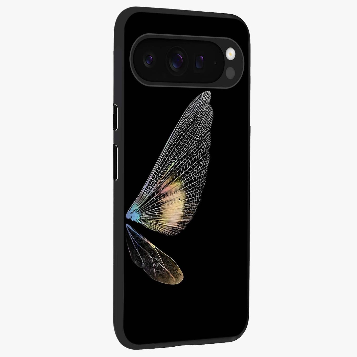 Whispers Of Wings Glass Case upright view showcasing elegant wing artwork with light airy theme.