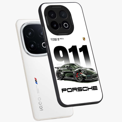 911 Turbo Dominance Glass Case displayed in premium angled mockup highlighting sporty car illustration and sleek glass surface.