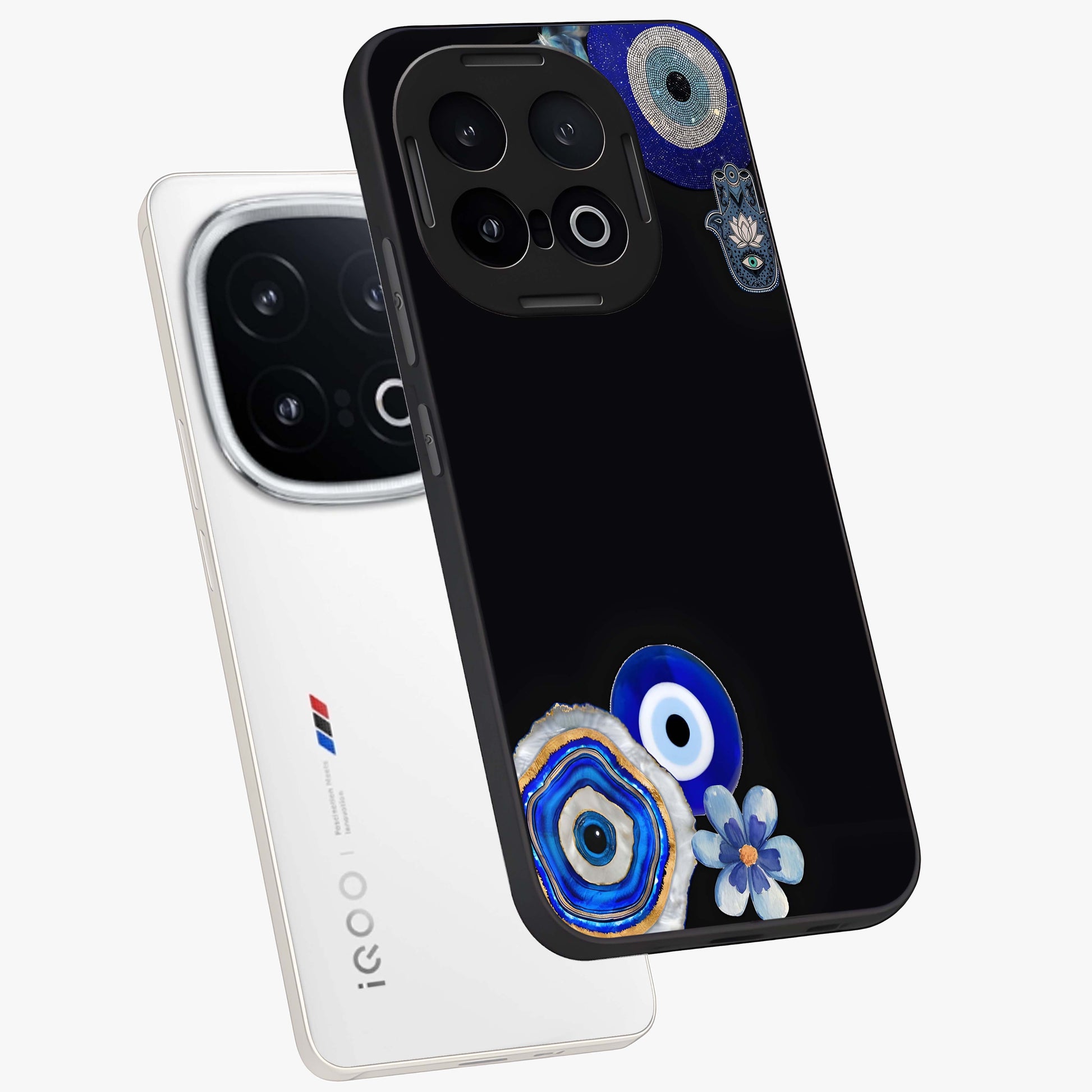 Aesthetic Blue Evil Eye Glass Case displayed in angled mockup highlighting blue evil eye symbol and spiritual aesthetic design.