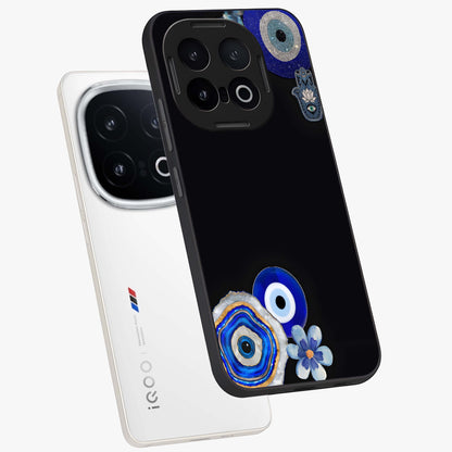 Aesthetic Blue Evil Eye Glass Case displayed in angled mockup highlighting blue evil eye symbol and spiritual aesthetic design.
