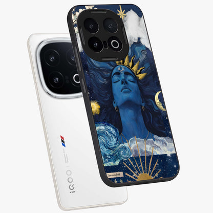 Aesthetic Lord Shiva Glass Case displayed in angled mockup highlighting spiritual Shiva illustration and sacred aesthetic design.