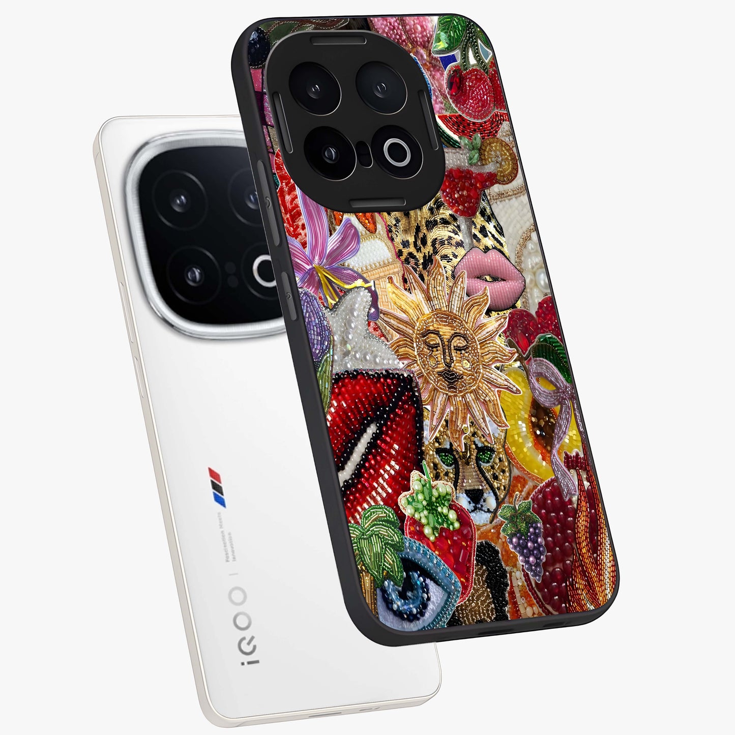 Beaded Fashion Jungle Glass Case displayed in angled mockup highlighting colorful fashion bead design and artistic pattern.