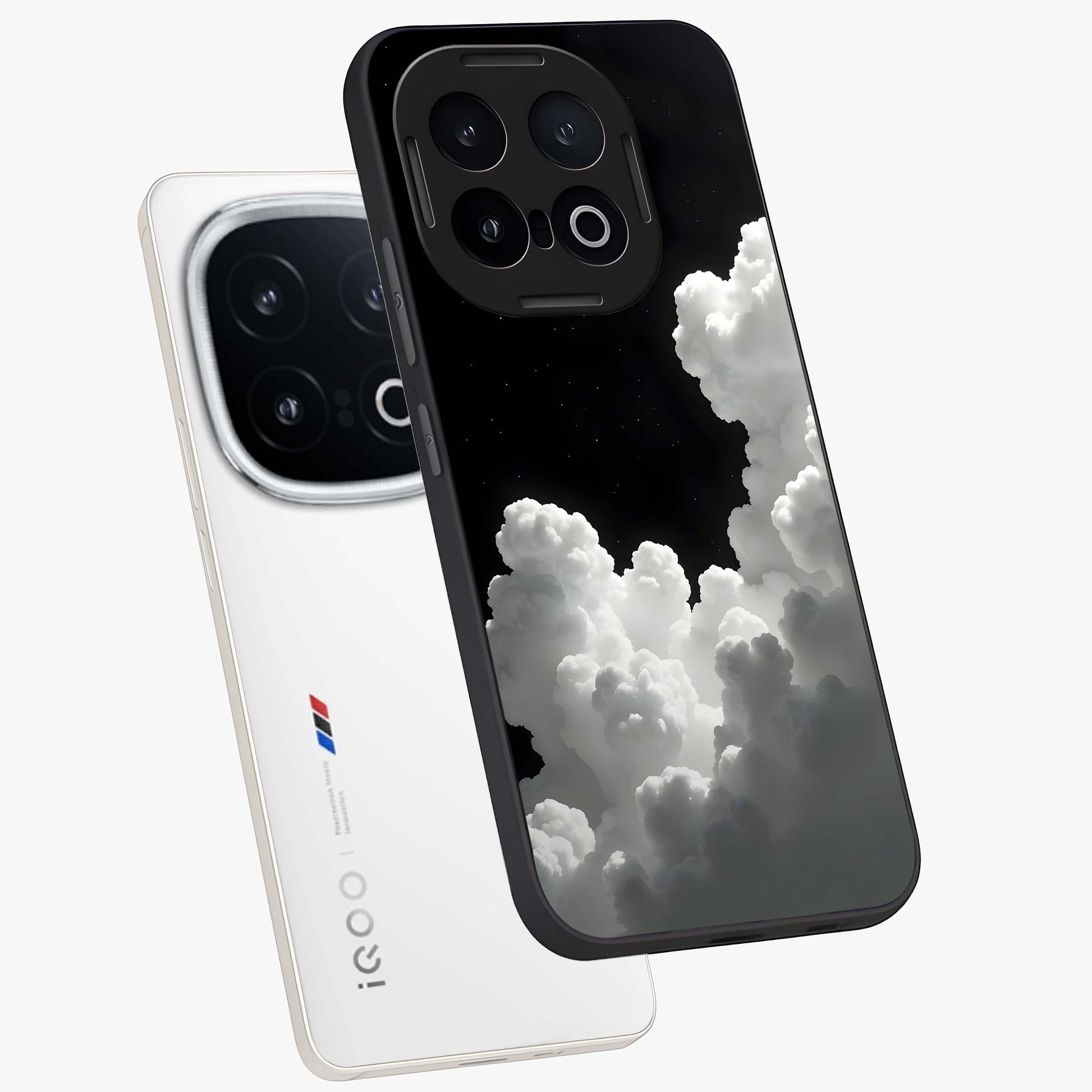 Black Background With White Cloud Glass Case displayed in angled mockup highlighting soft white cloud illustration and minimal design.