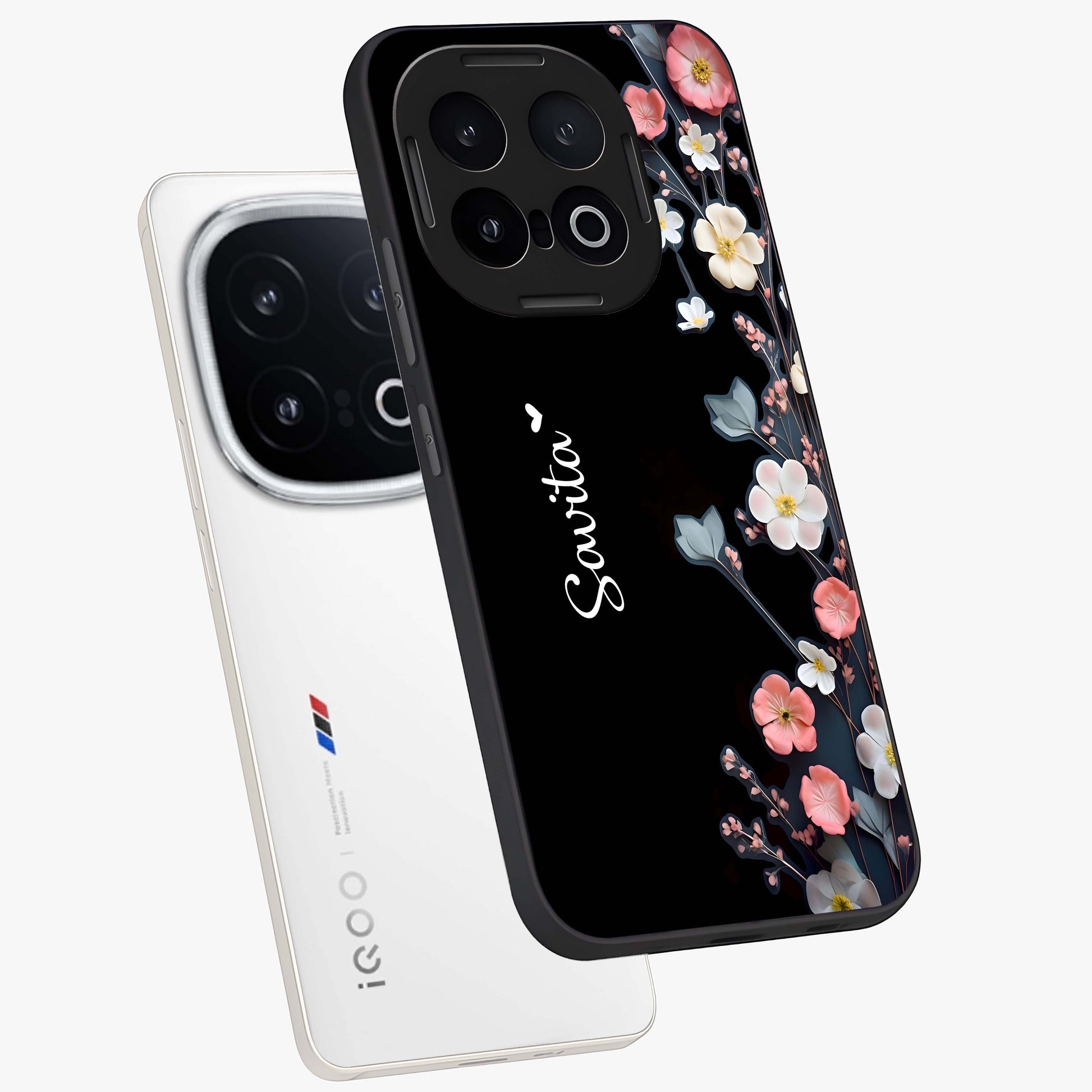 Black Elegance Floral Custom Name Glass Case displayed in angled mockup highlighting dark floral aesthetic and custom name feature.