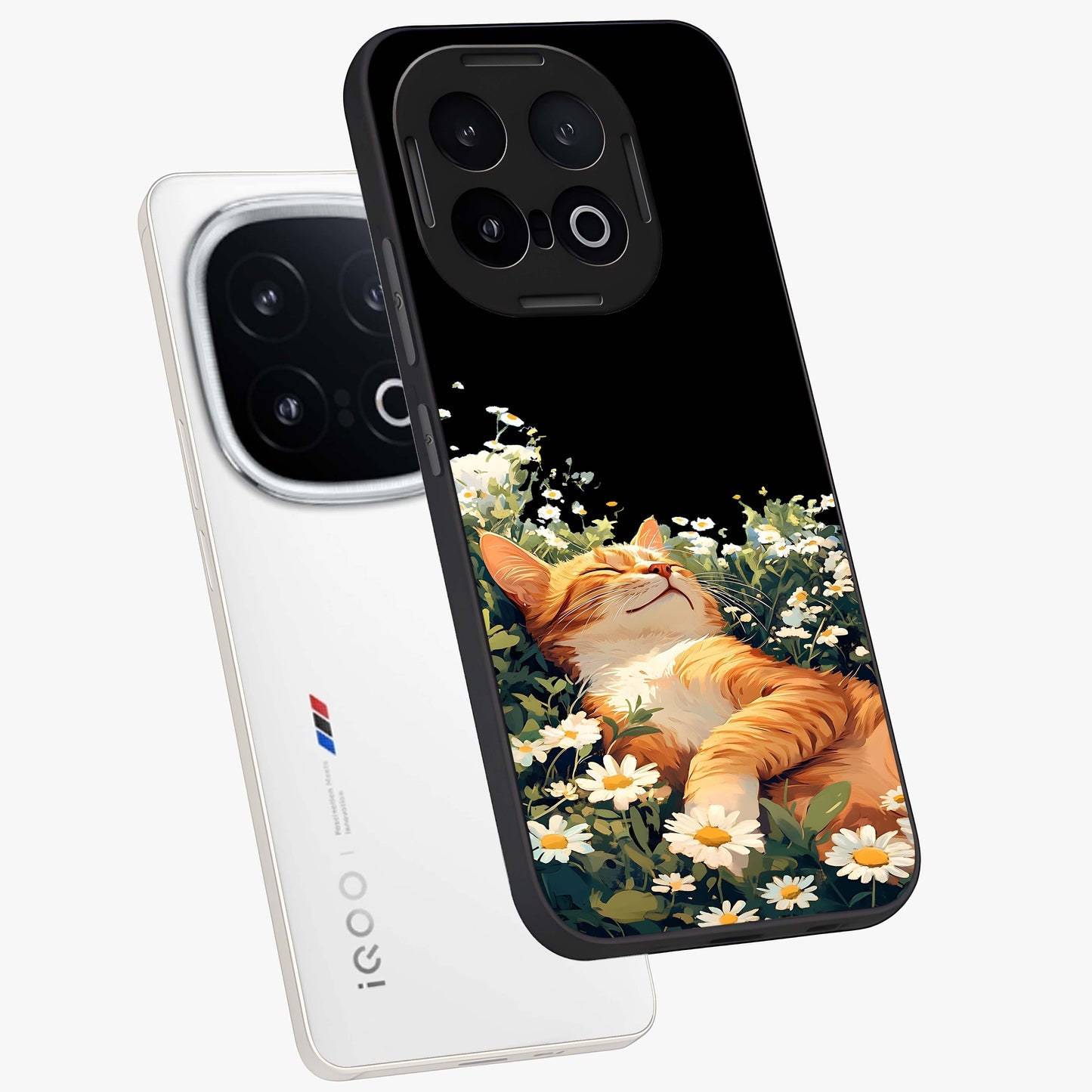 Blissful Bloom Cat Glass Case displayed in angled mockup highlighting playful feline illustration with soft floral aesthetic.
