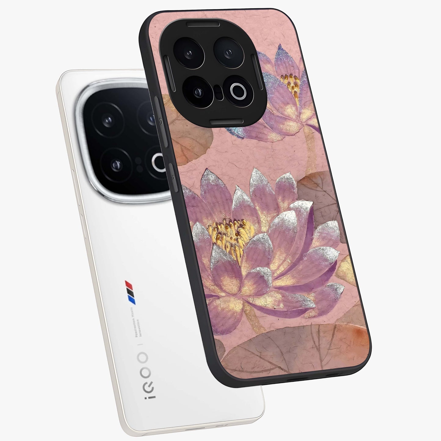 Blossom Mist Lotus Glass Case displayed in angled mockup highlighting delicate lotus illustration with calm aesthetic theme.