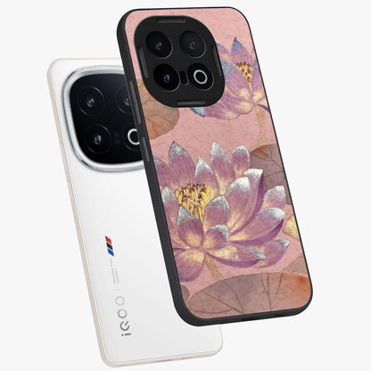 Blossom Mist Lotus Glass Case displayed in angled mockup highlighting delicate lotus illustration with calm aesthetic theme.