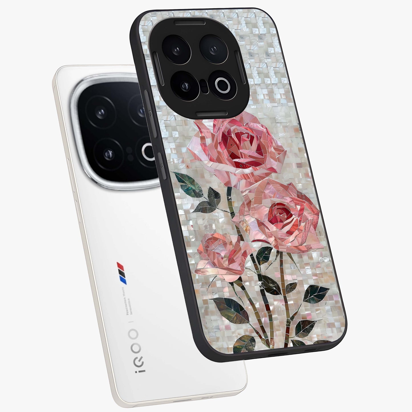 Blush Mosaic Bloom Glass Case displayed in angled mockup highlighting artistic mosaic flower pattern with aesthetic design.