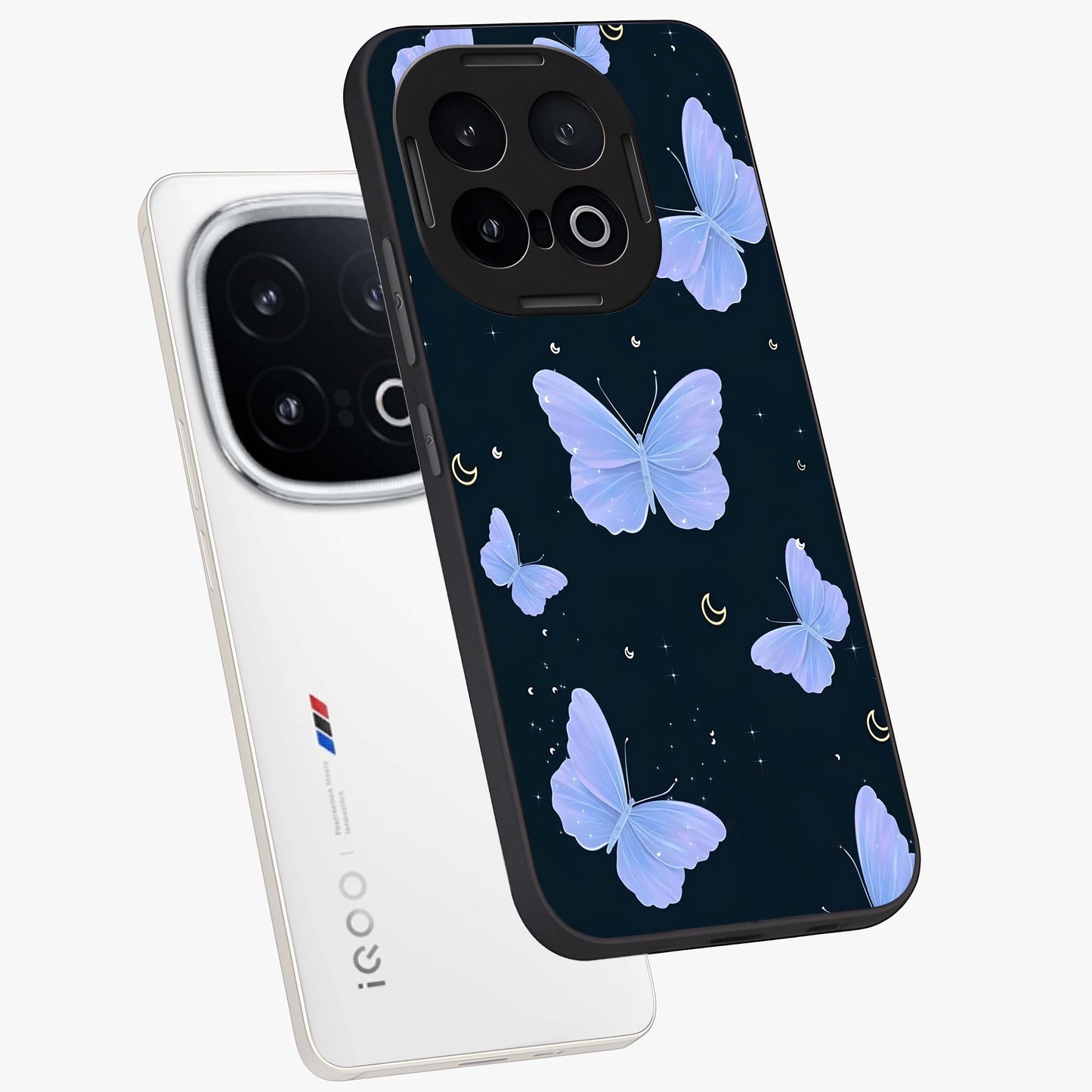 Butterfly With Stars Pattern Glass Case displayed in angled mockup highlighting dreamy butterfly and star design with aesthetic theme.
