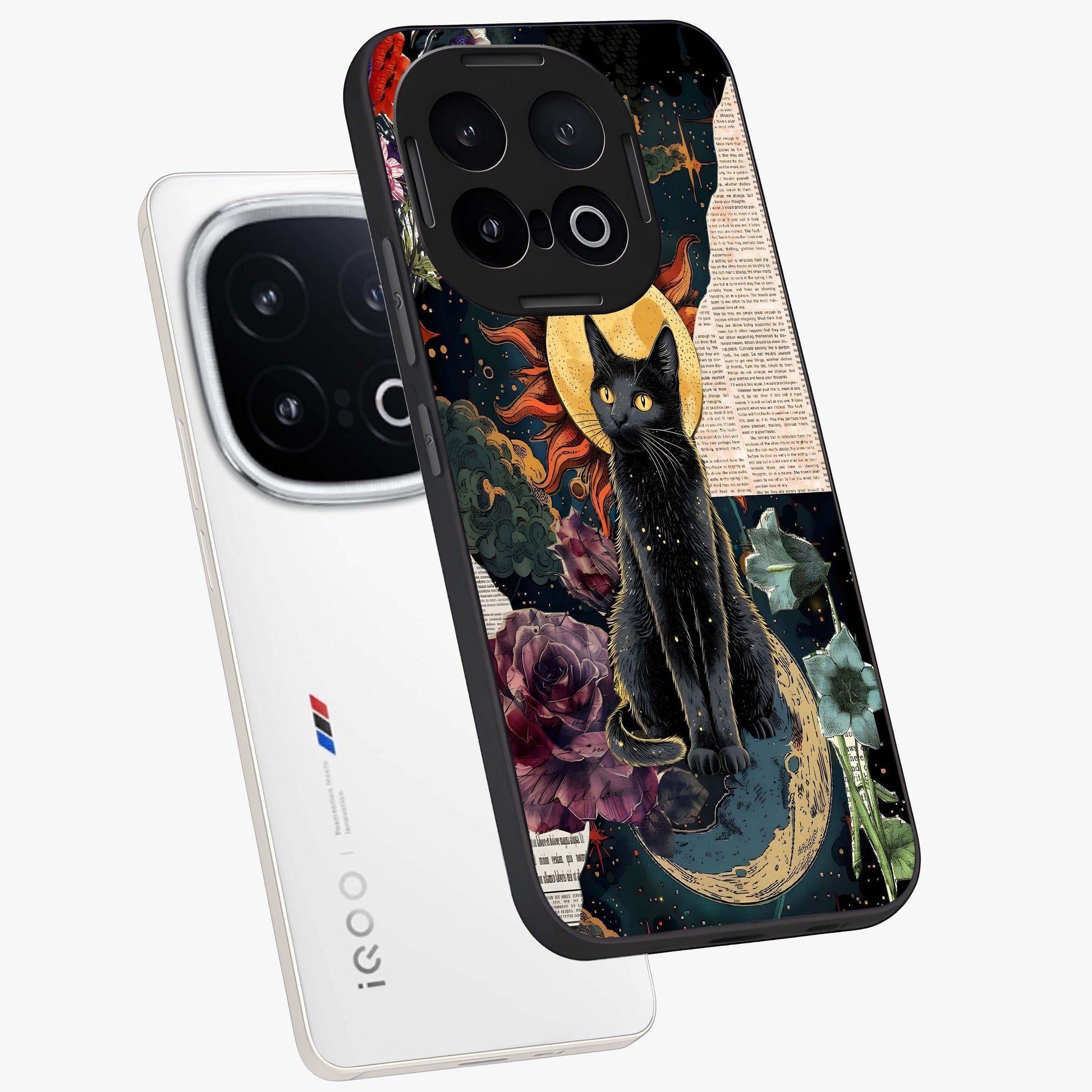Celestial Black Cat Glass Case displayed in angled mockup highlighting cosmic black cat design with celestial aesthetic.