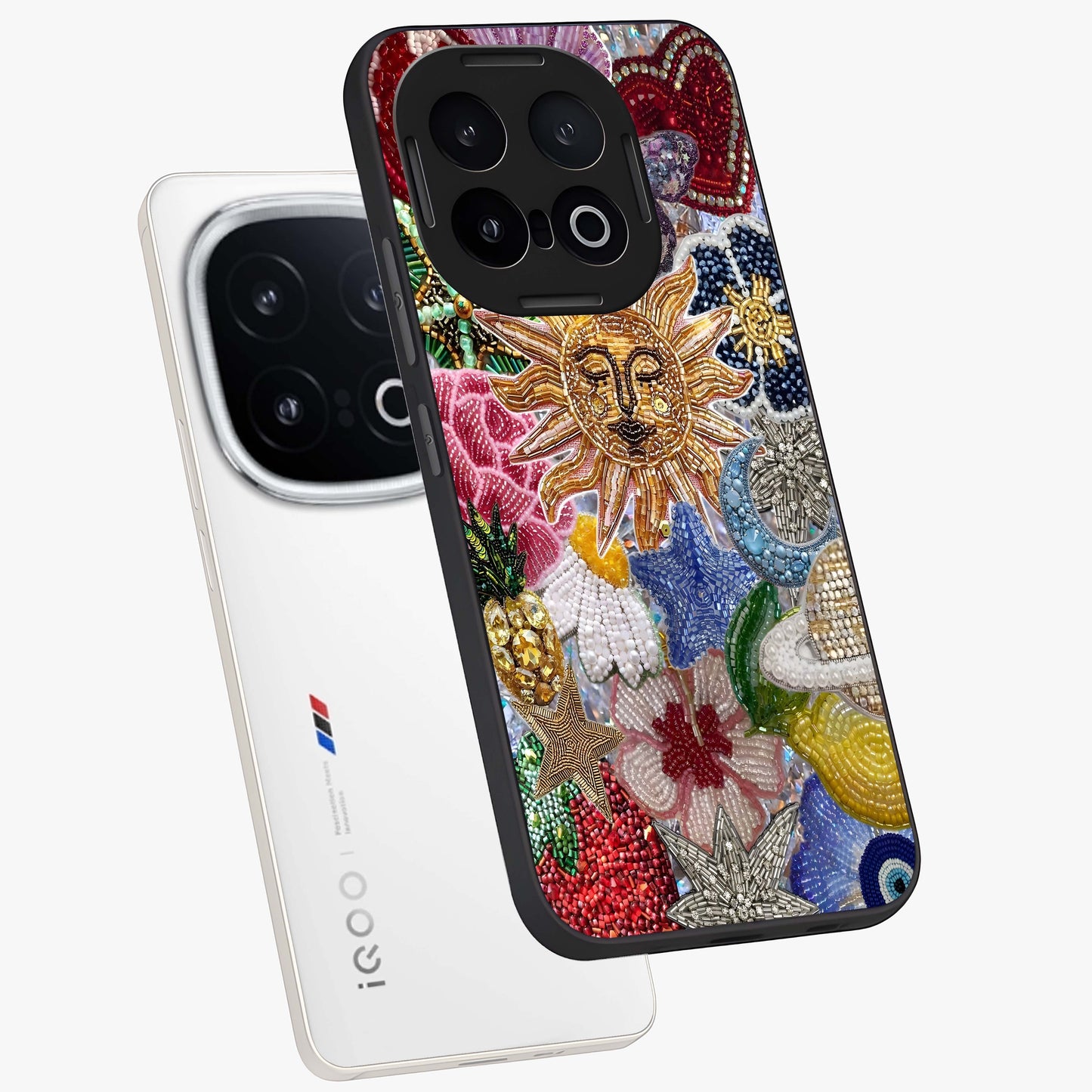 Celestial Floral and Playful Glass Case displayed in angled mockup highlighting playful floral design with dreamy celestial elements.
