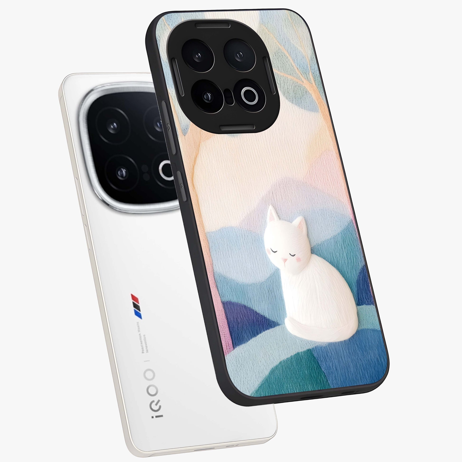 Cotton Dream Cat Glass Case displayed in angled mockup highlighting cute feline illustration with pastel aesthetic style.