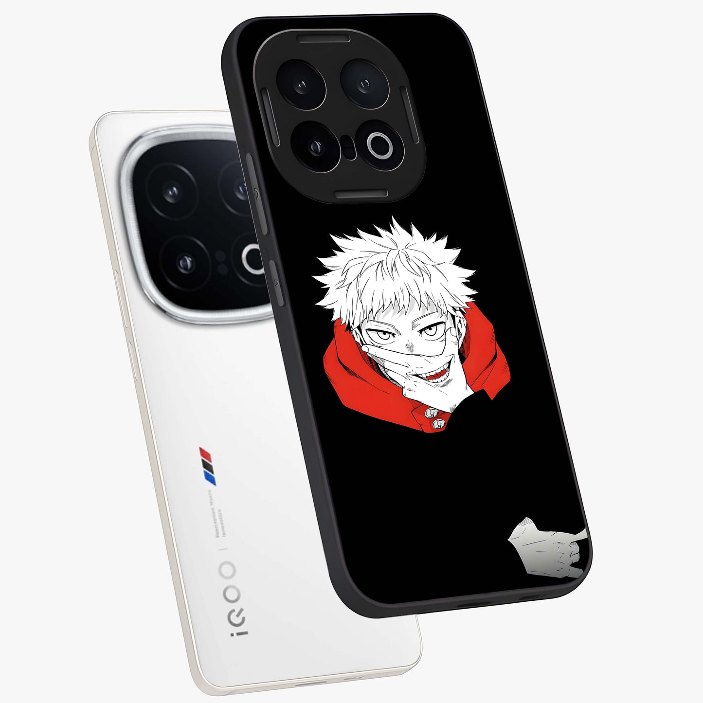 Crimson Chaos Smile Glass Case displayed in angled mockup highlighting edgy crimson smile design with graphic aesthetic.